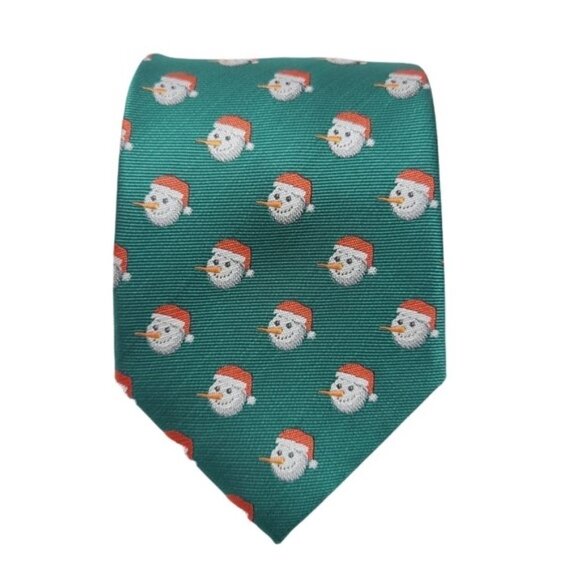 Elegance | Green Snowman With Santa Hat Print Tie - Picture 1 of 14